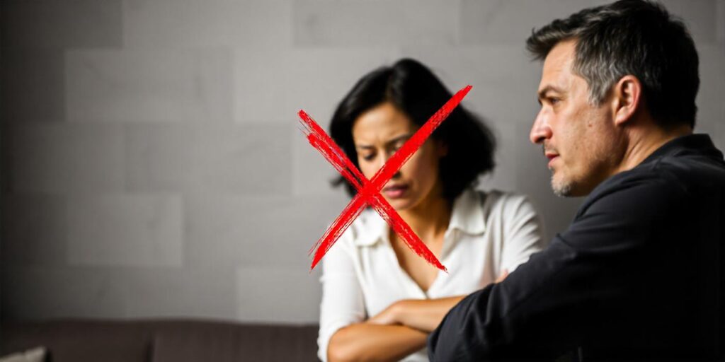 Couple arguing in the background with a red X marked through